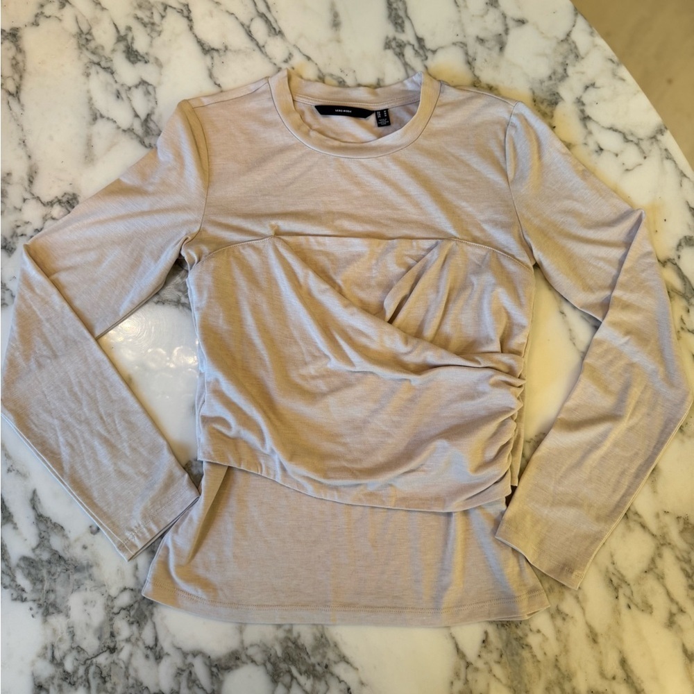 New Vero Moda Nelly Ruched Knit Top Taupe Cream Size M (Runs Small) - Picture 4 of 7